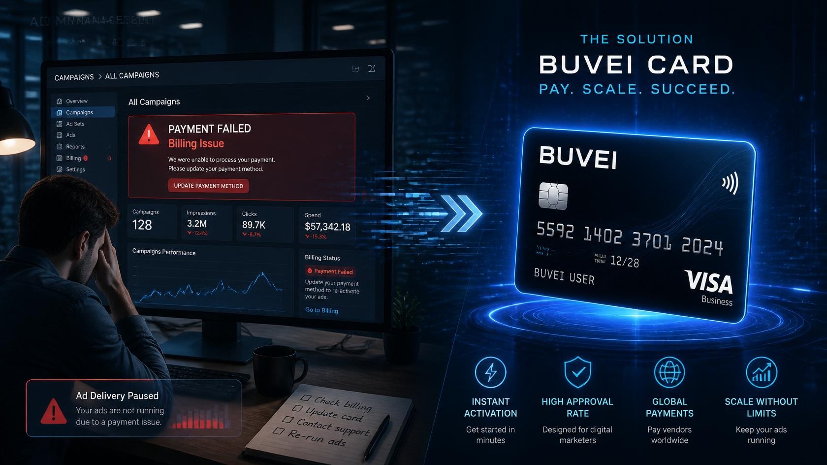 Google Ads payment failed error screen with BUVEI card