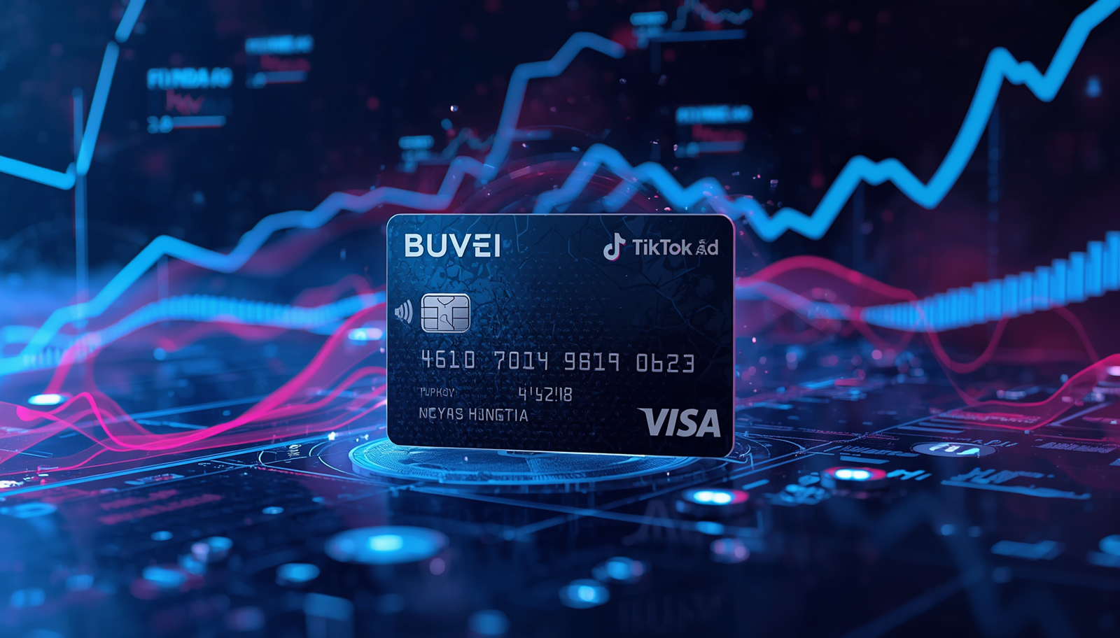 TikTok Ads campaign management screen with BUVEI payment card scenario