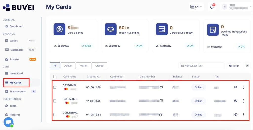 Virtual card details for Webflow payment