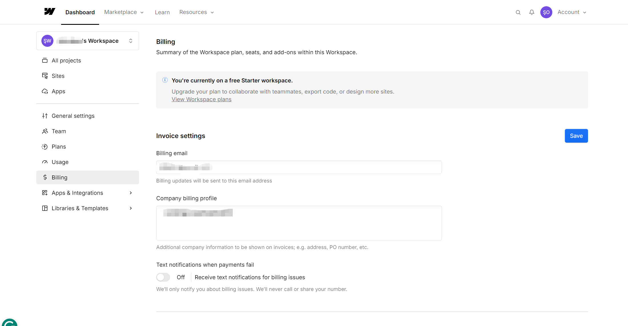 Webflow Billing settings for virtual card payment