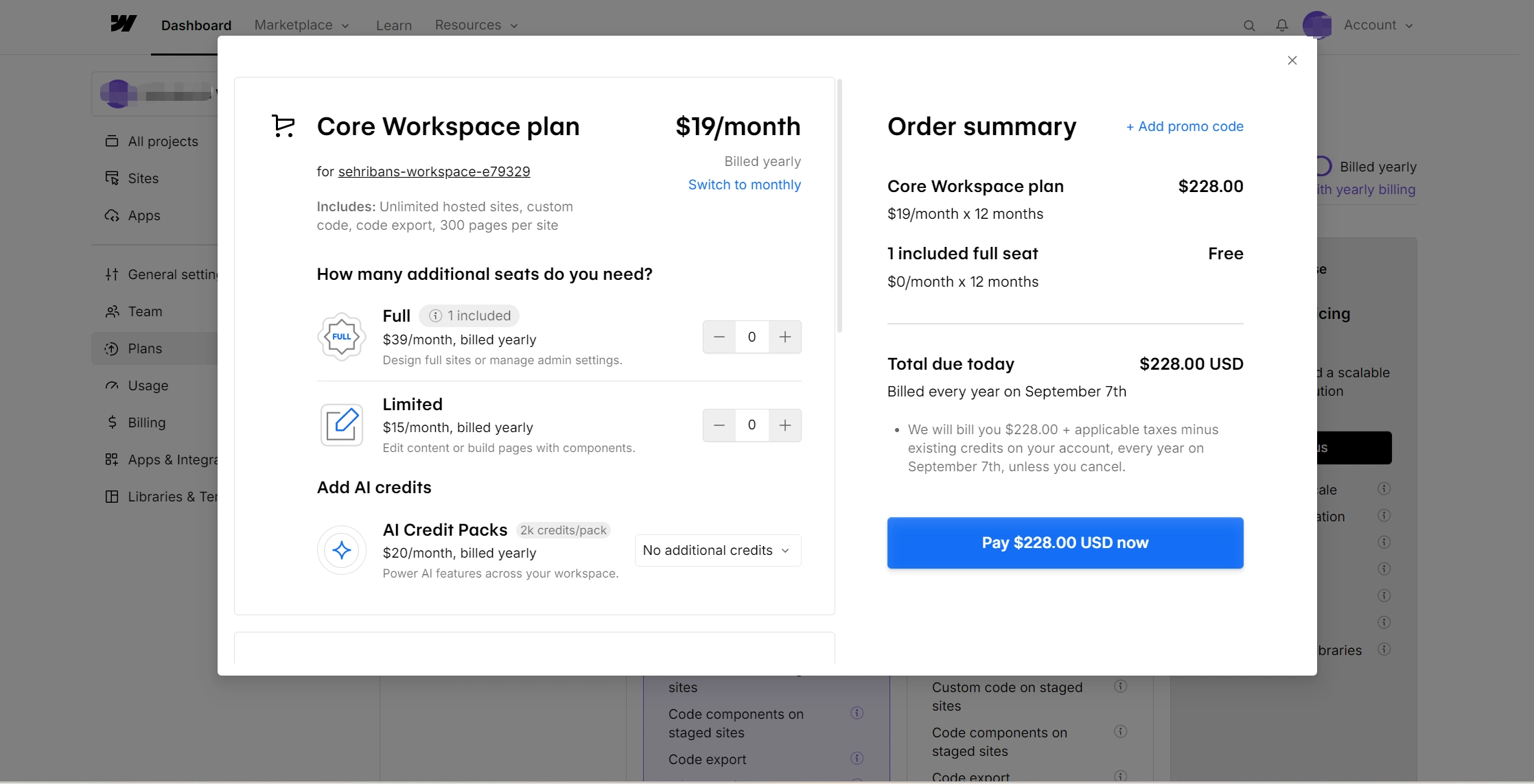 Pay for a Webflow plan with a virtual card
