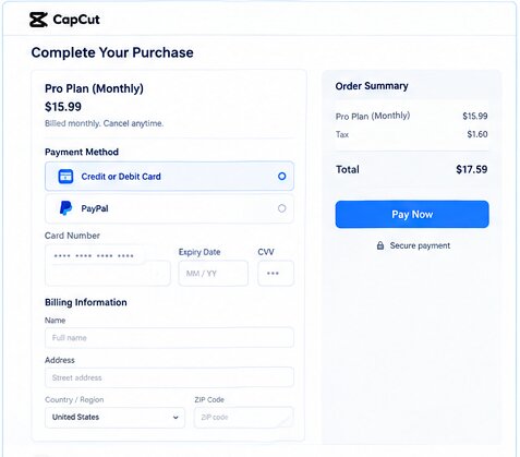 CapCut Pro virtual card checkout form for entering payment details