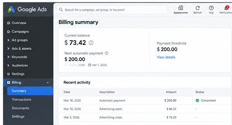 Google Ads payment threshold in Billing Summary with current balance and next automatic payment